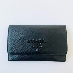 Prada Black Saffiano Leather Bi fold wallet card case logo embellished